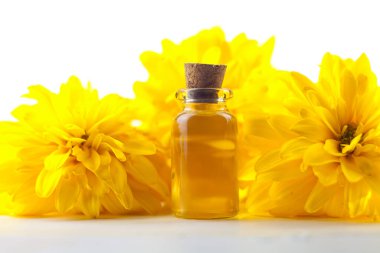 Çiçeklerin özü güzel bir cam şişede masanın üzerinde.