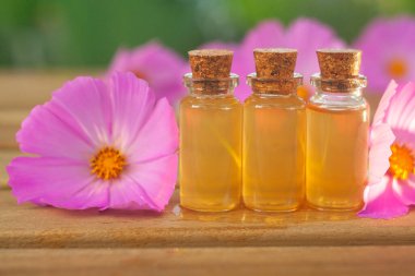 Çiçeklerin özü güzel bir cam şişede masanın üzerinde.