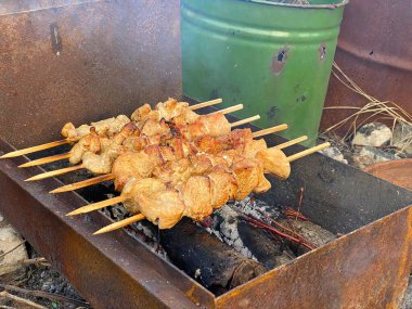 Izgarada nefis iştah açıcı barbekü şişleri hazırlamak için.
