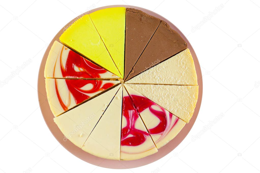 assorted cheesecake on a plate on a white background