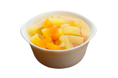 Beyaz arka planda bir tabakta lezzetli, iştah açıcı mango.