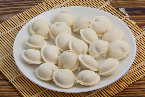 Raw Frozen Dumplings Plate Table — Stock Photo, Image
