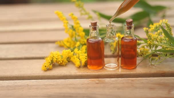 Goldenrod Essential Oil Beautiful Bottle Table — Stock Video