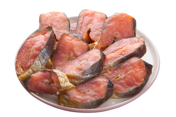 Ζεστό Καπνιστό Ψάρι Σολομού Στο Τραπέζι Της Κουζίνας Στο Λευκό — Φωτογραφία Αρχείου