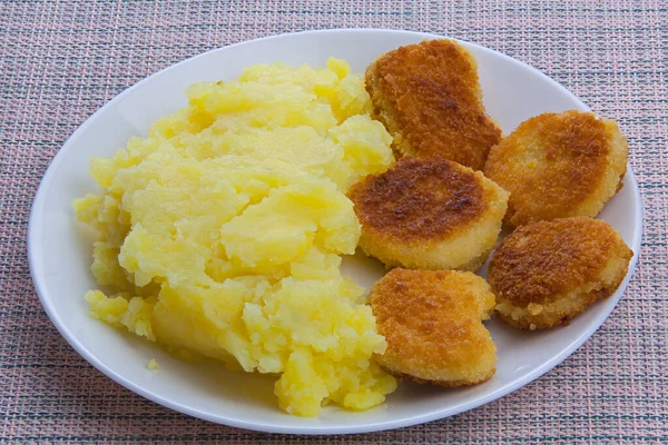 Boiled Mashed Potatoes Plate Chicken Nuggets Table — Stock Photo, Image