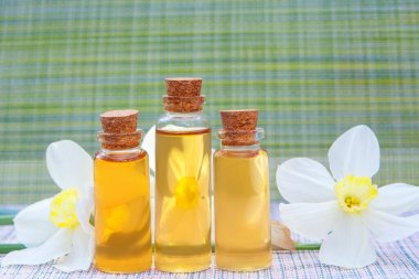 Güzel bir cam kavanozda, masanın üzerindeki çiçeklerin özü.