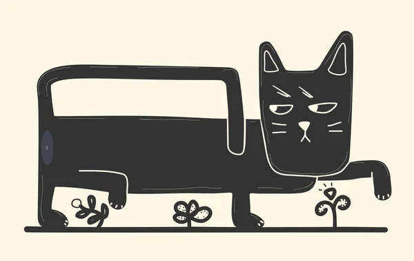 漫画風の黒猫が花の間を歩く — ストックベクタ