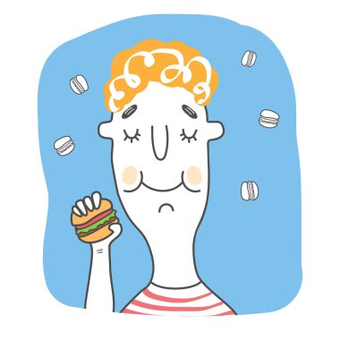 Çocuk elinde lezzetli bir burger tutuyor.