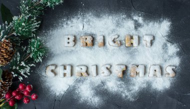 Noel arka plan ile Noel ağacının dalını ve fırında zencefilli kelime pudra şekeri ile parlak Noel. yaratıcı fikir