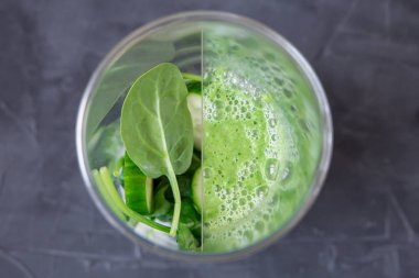 sebze yeşil smoothie ve hazır smothie için hazır. önce ve sonra kavramı