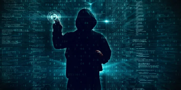 Internet crime concept. Hacker working on a code on dark digital