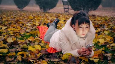 Genç iş kadını telefonda sarı ve kırmızı düşen yapraklar sonbahar Park yatan emir verir.