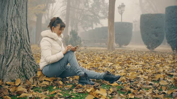 霧の秋の公園で葉に倒れた木の下に座ってメッセージを書く女性 — ストック動画