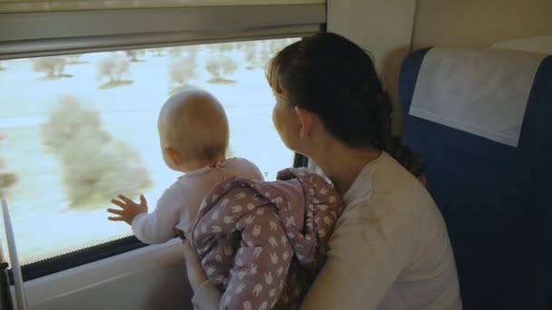 Jovem mãe com bebê em seus braços viajando de trem — Vídeo de Stock