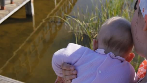 Madre e bambino guardando i pesci che nuotano nel lago del parco nazionale — Video Stock