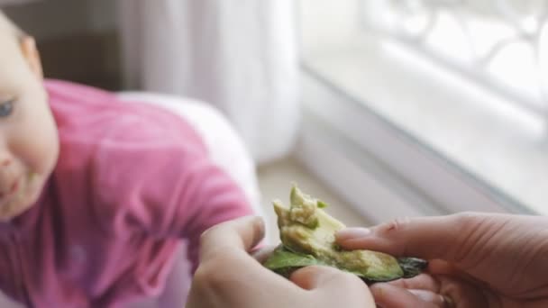 Baby isst Avocado aus den Händen der Mutter. — Stockvideo