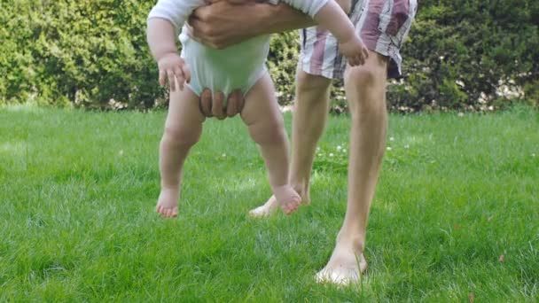 Papá y el bebé se divierten en el parque de primavera — Vídeos de Stock