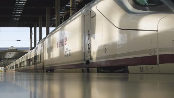 Madrid, İspanya - 22 Mayıs 2017: Perspektif görünümden arabalar tren için bir platform. Yüksek hızlı tren Ave Madrid Atocha Tren İstasyonu'ndan ayrılış — Stok video