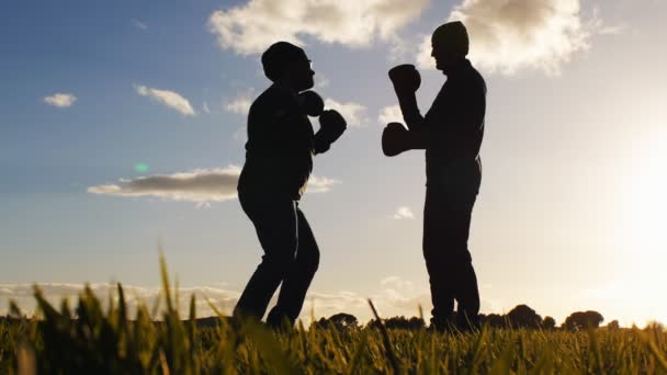 Boxing workout with trainer outdoors. Low angle shot of opponents silhouettes in boxing gloves sparring on sunset sky background. Fighter with glasses learning to punch. — Stock Video