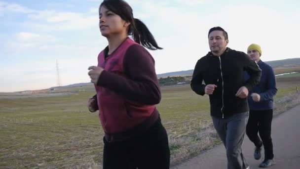 Treino com personal trainer ao ar livre. Dois homens e uma mulher a correr um por um numa estrada rural no Outono ou na Primavera . — Vídeo de Stock