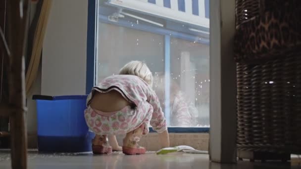 Niño juega ventana de limpieza . — Vídeos de Stock