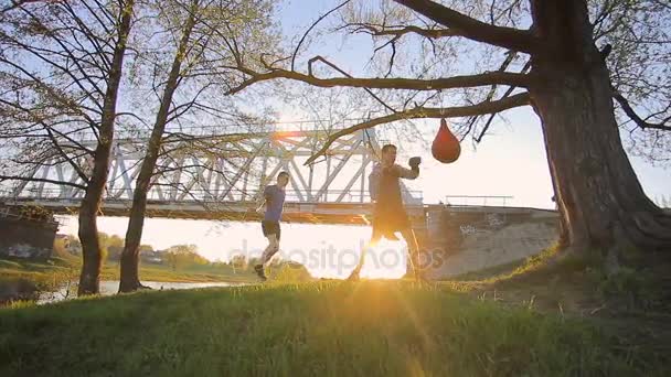 Dos boxeadores entrenando al aire libre, puesta de sol — Vídeos de Stock