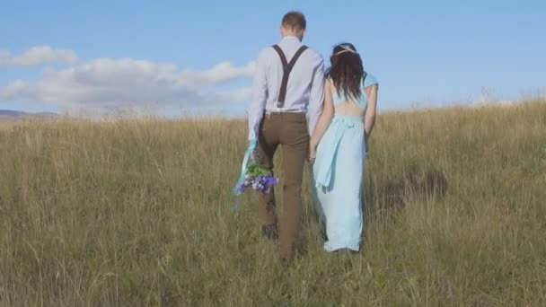 女孩和她的男朋友在田野里漫步 — 图库视频影像