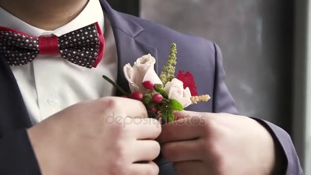 The groom straightens the buttonhole, wedding — Stock Video