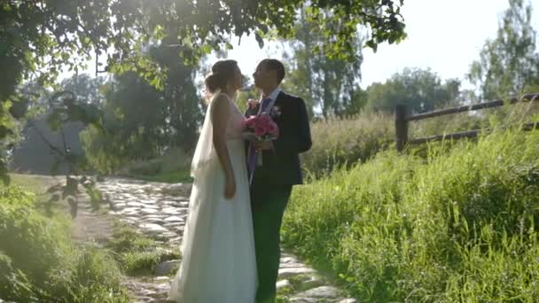 Recién casados a pie posando al atardecer — Vídeos de Stock