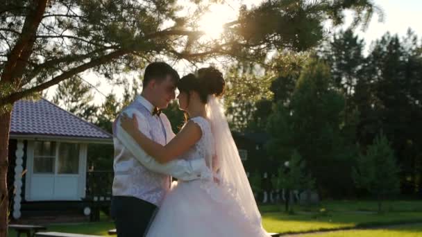 Bruid en bruidegom in zonsondergang zon op een wandeling — Stockvideo