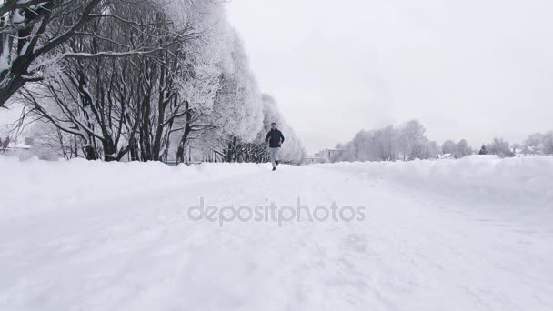 Hombre de mediana edad corriendo tranquilamente por el parque de invierno — Vídeo de stock