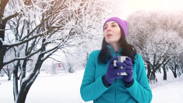 Een meisje drinkt uit een mok een hete thee koffie, in een prachtig park van de winter — Stockvideo