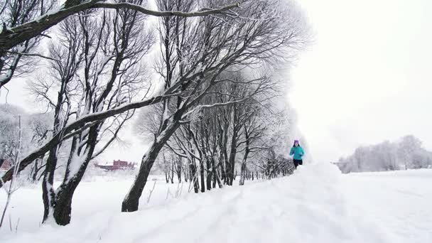 Ensam löpare flicka i vinter skogen kör genom djup snö — Stockvideo