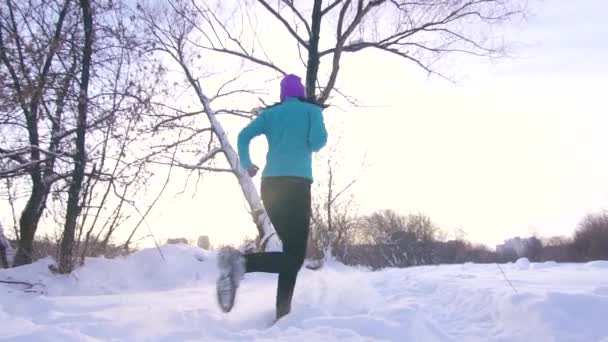 Familie joggen in het park in de winter bij zonsondergang in diepe sneeuw, langzame mo — Stockvideo