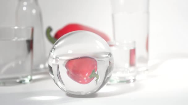 Reflection in a glass ball red pepper on white background — Stock Video