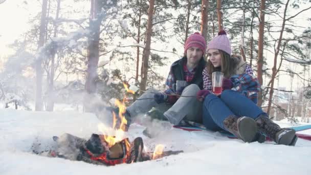 一对年轻的人在冬季的衣服在白雪覆盖的森林煎棉花糖在木桩上 — 图库视频影像