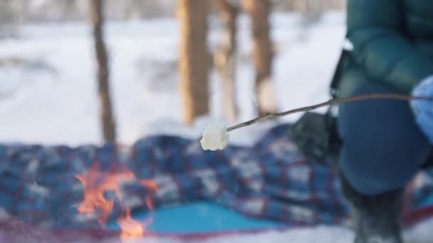 Guimauves frites sur un feu de joie en hiver, randonnée pédestre — Video