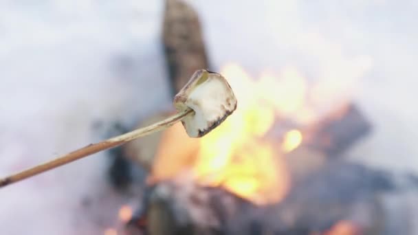 Guimauves frites sur un feu de joie en hiver gros plan — Video