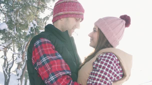 Retrato de una joven linda pareja, en un bosque de invierno en un día soleado, destello de luz solar — Vídeo de stock