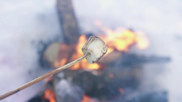 Marshmallow fritti al rogo in inverno da vicino — Video Stock