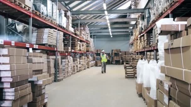 Magazijn werknemer beschermende uitrusting wandelingen door magazijn — Stockvideo