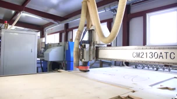 Houtbewerking, snijwerk machines meubilair fabriek dolly bekijken — Stockvideo