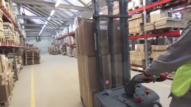 Warehouse worker at Industrial Forklift Truck — Stock Video