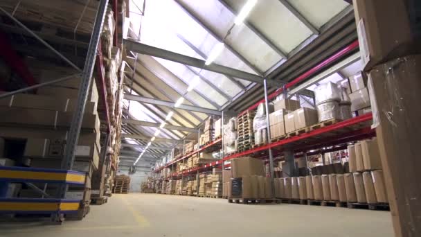 Vue générale d'un entrepôt commercial avec marchandises en boîtes — Video