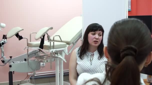 Arts of Arts consulting en diagnostische onderzoeken vrouwelijke patiënten op de gezondheid van de vrouw in het ziekenhuis van de kliniek — Stockvideo
