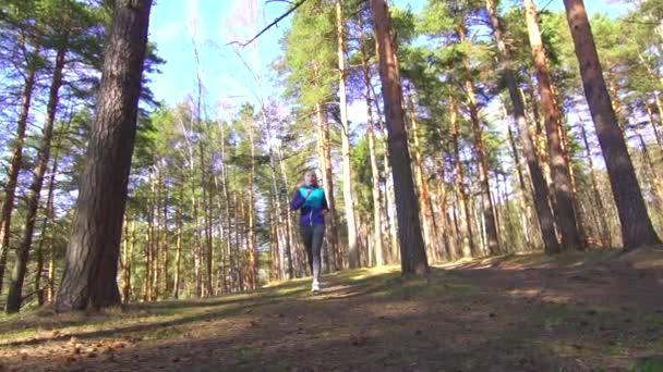 fille sur une course du matin dans une forêt ensoleillée 