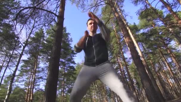 Hombre boxeando en un bosque soleado — Vídeo de stock