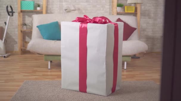 Stor gåva är på mattan hemma — Stockvideo