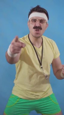 funny coach freak with a mustache in the style of 80 speaks and motivates inviting on a blue background