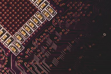 Elektronik devre kartı soyut arkaplan. Bilgisayar ana kartı kapat. Modern teknolojiler. Bağlantıları ve izleri olan mikro elementler. Akıllı teknoloji.